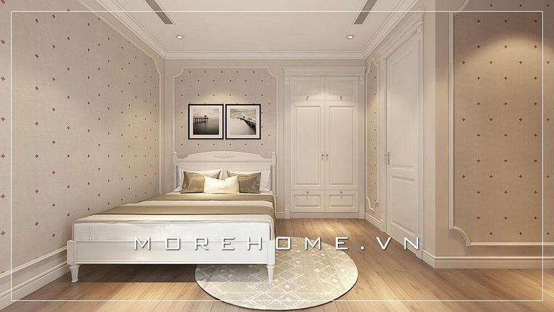 Giường ngủ màu trắng với lối thiết kế đơn giản, không quá cầu kì mang lại cho phòng ngủ chung cư nhỏ thêm phần rộng rãi, thông thoáng hơn